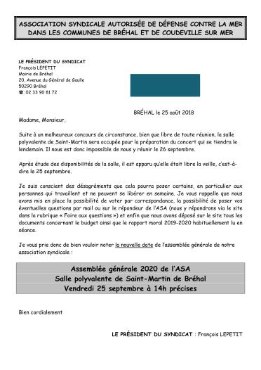 Courrier de modification de date AG