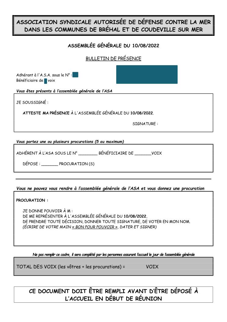 Bulletin de presence AG 2022