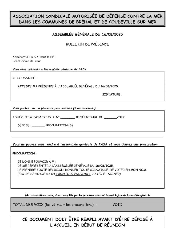 Bulletin de presence AG 2025