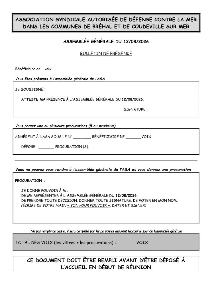 Bulletin de presence AG 2026